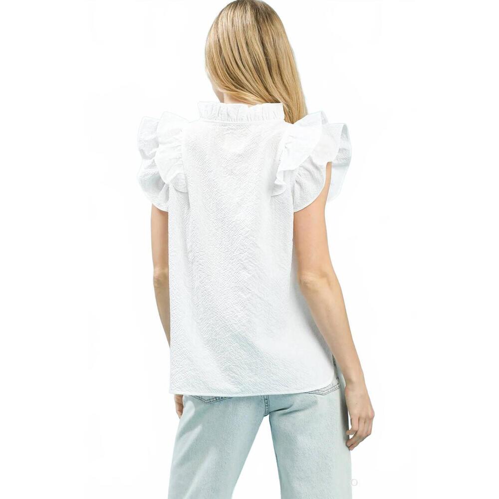 NEW UMGEE texture fabric v-neck ruffle sleeve top in off white - Picture 4 of 6
